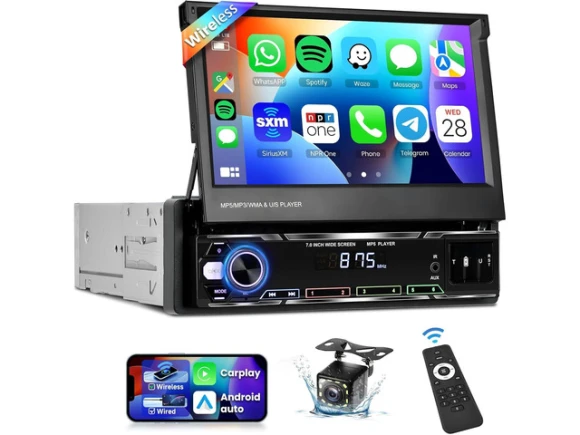 Single-DIN Car Stereo Receiver with 7-Inch Flip-Out Touchscreen — Car Infotainment System, Podofo