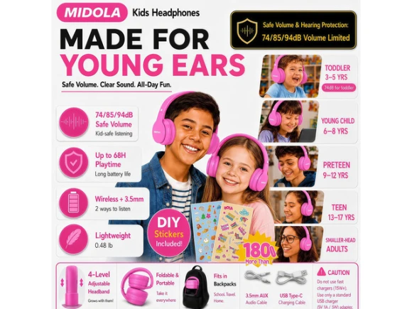 Kids Bluetooth Headphones, H-Pink — Wireless Earbuds, Generic Logic, Inc.