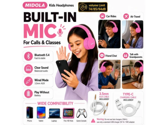 Kids Bluetooth Headphones, H-Pink — Wireless Earbuds, Generic Logic, Inc.