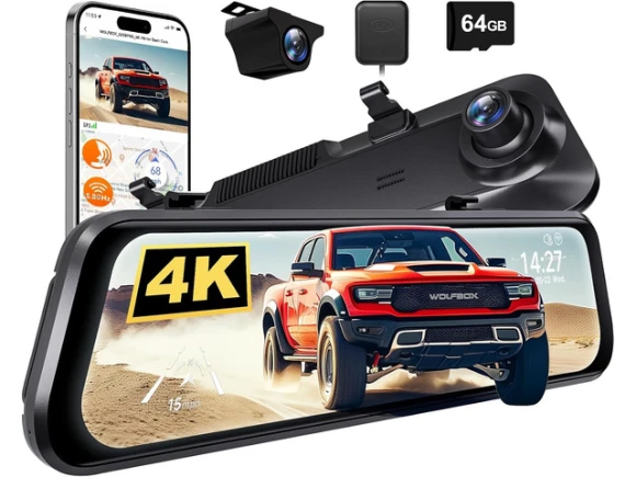 4K Mirror Dash Cam, 12-Inch Camera, Includes 64GB Card — Dash Cam, WOLFBOX