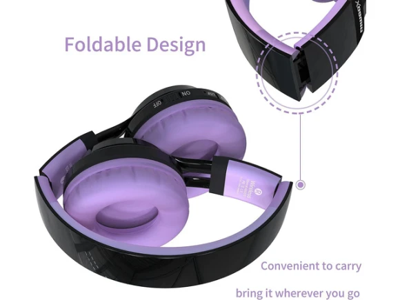 Bluetooth headphones for kids, foldable, Black & Purple — Wireless Earbuds, Riwbox