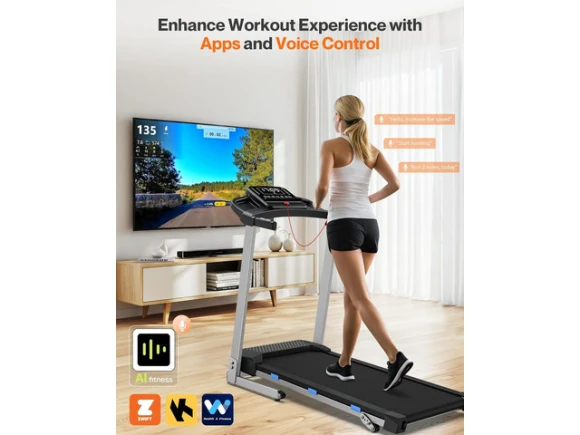 Foldable Treadmill with Incline, Bluetooth Speaker and App & Voice Control — Connected Equipment, TAURKENAM