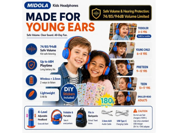 Kids Bluetooth Headphones — Wireless Earbuds, WOOJONG