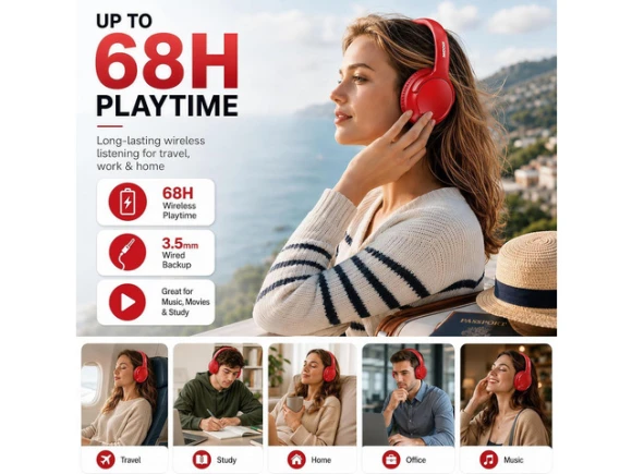 Red Over-Ear Bluetooth Headphones — Wireless Earbuds, WOOJONG