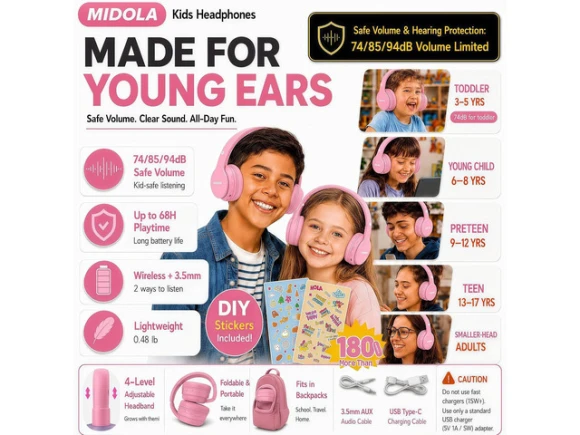 Pink Foldable Over-Ear Bluetooth Headphones — Wireless Earbuds, WOOJONG