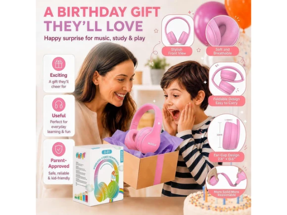 Pink Foldable Over-Ear Bluetooth Headphones — Wireless Earbuds, WOOJONG
