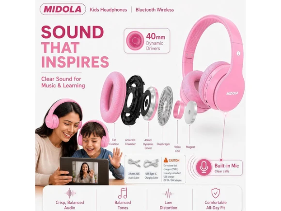 Pink Foldable Over-Ear Bluetooth Headphones — Wireless Earbuds, WOOJONG