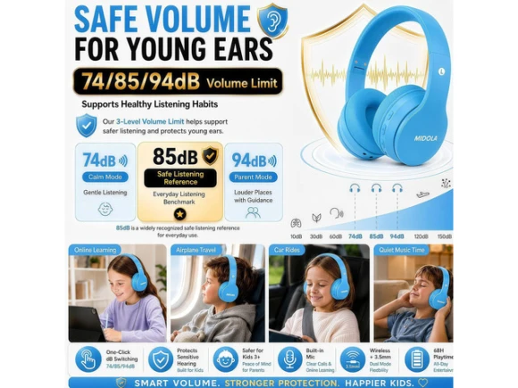 Wireless Bluetooth Over-Ear Headphones for Children — Wireless Earbuds, WOOJONG