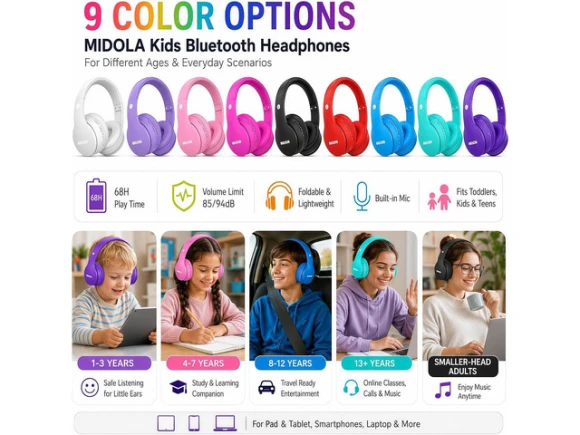 Wireless Bluetooth Over-Ear Headphones for Children — Wireless Earbuds, WOOJONG