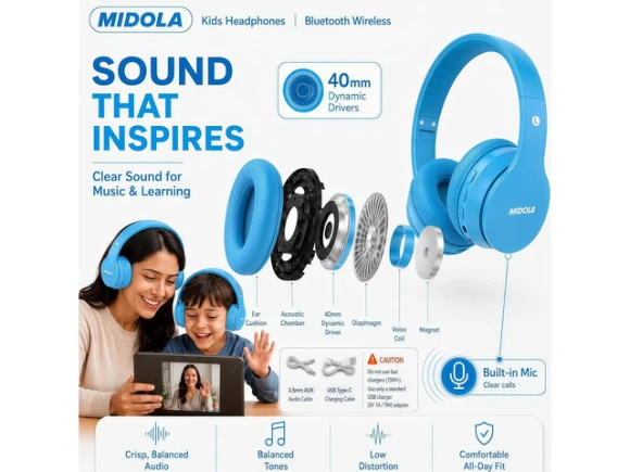 Wireless Bluetooth Over-Ear Headphones for Children — Wireless Earbuds, WOOJONG