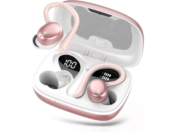 Wireless Earbuds with Earhook Design and Digital Display Charging Case — Wireless Earbuds, WOOJONG