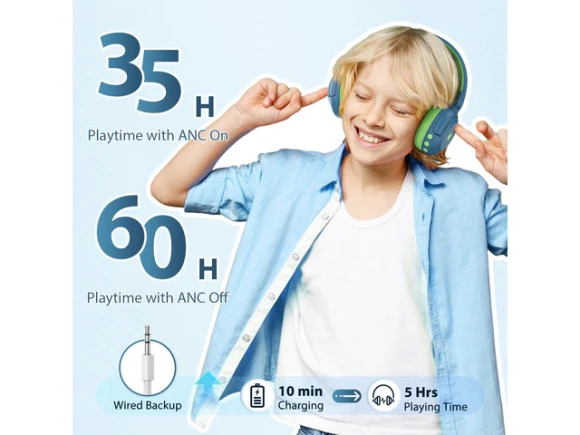Blue Active Noise Cancelling Headphones — Wireless Earbuds, iClever