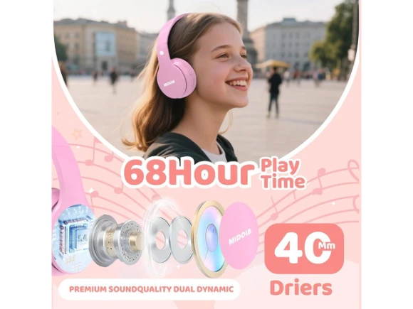 Pink Over-Ear Kids Headphones — Wireless Earbuds, MIDOLA
