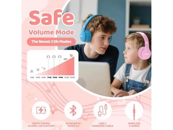 Pink Over-Ear Kids Headphones — Wireless Earbuds, MIDOLA