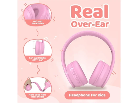 Pink Over-Ear Kids Headphones — Wireless Earbuds, MIDOLA