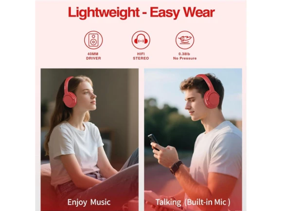 Red over-ear Bluetooth headphones — Wireless Earbuds, MIDOLA