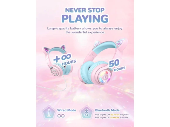 Kids Bluetooth Headphones, Meow Macaron Pink — Wireless Earbuds, iClever