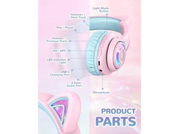 Kids Bluetooth Headphones, Meow Macaron Pink — Wireless Earbuds, iClever