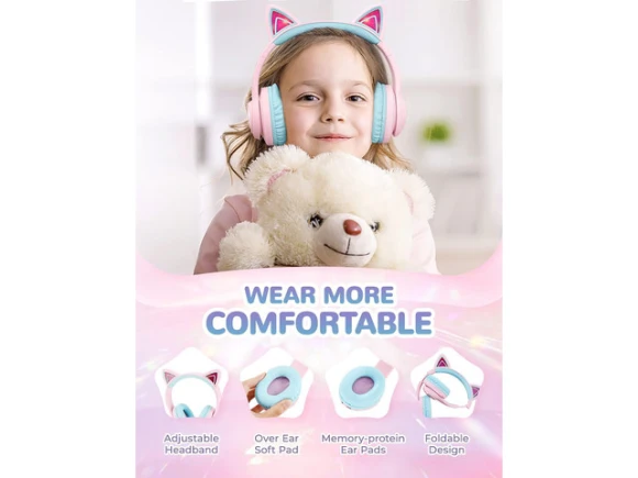 Kids Bluetooth Headphones, Meow Macaron Pink — Wireless Earbuds, iClever