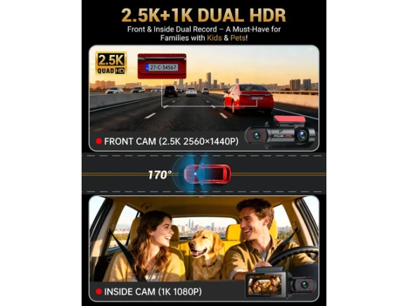 Dual Dash Camera, 2.5K+1K, Front and Inside, GPS and WiFi, 32GB Card — Dash Cam, Xelite