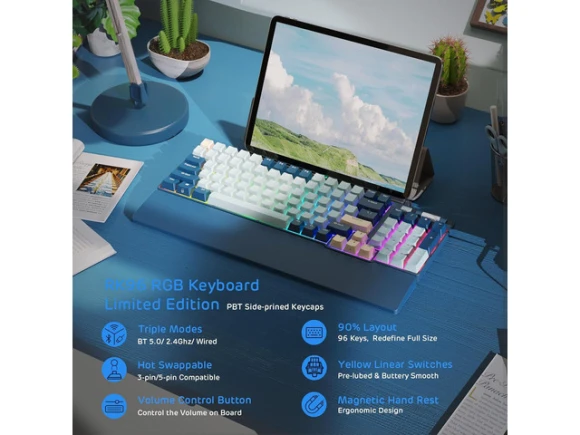 96-Key Mechanical Keyboard with Wrist Rest — Bluetooth Keyboard, RK ROYAL KLUDGE
