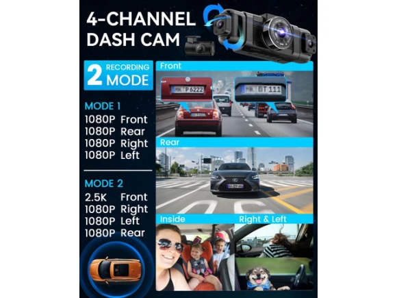 4-Channel Dash Camera with Free 128GB SD Card — Dash Cam, IIWEY