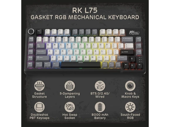 75% Tri-Mode Mechanical Keyboard — Bluetooth Keyboard, RK ROYAL KLUDGE