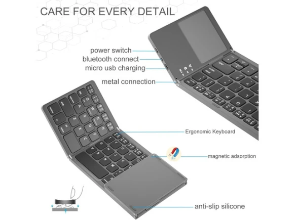 Foldable Wireless Keyboard with Touchpad, Space Gray — Bluetooth Keyboard, SUNIVISION
