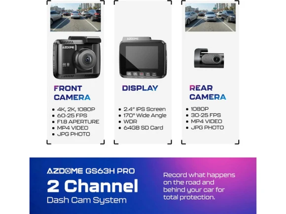Dual-channel dash camera with 4K resolution — Dash Cam, AZDOME