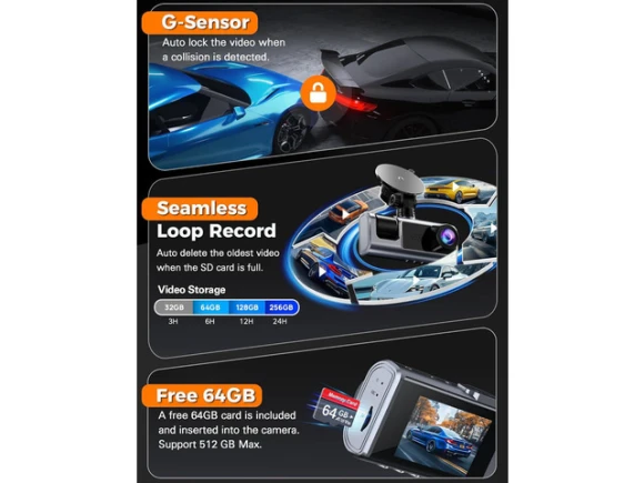 3-Channel Dash Camera with 64GB SD Card — Dash Cam, SUNIVISION