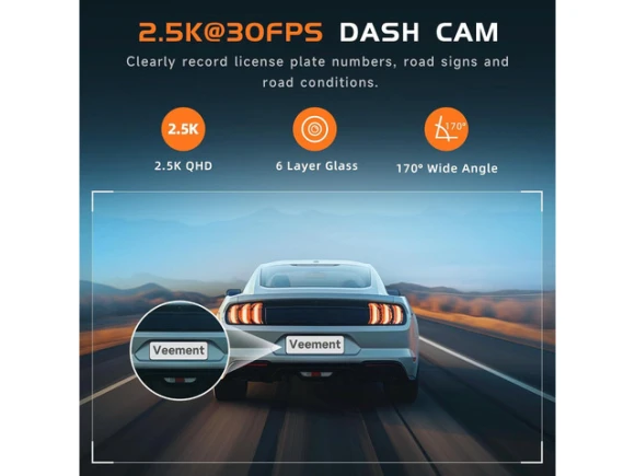 Front Dash Camera with WiFi, APP, WDR Night Vision, 24/7 Parking Monitor and 160° Wide Angle — Dash Cam, VEEMENT