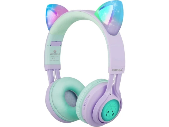 Wireless Headphones, Purple & Green, Cat Ear Design — Wireless Earbuds, Riwbox
