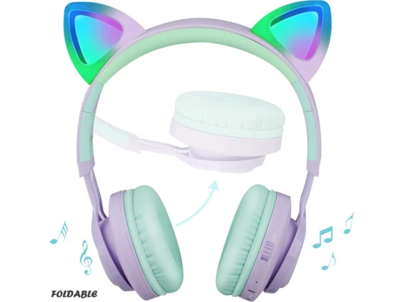 Wireless Headphones, Purple & Green, Cat Ear Design — Wireless Earbuds, Riwbox