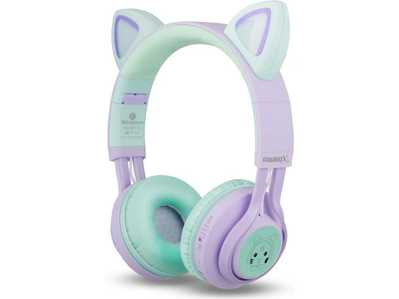 Wireless Headphones, Purple & Green, Cat Ear Design — Wireless Earbuds, Riwbox
