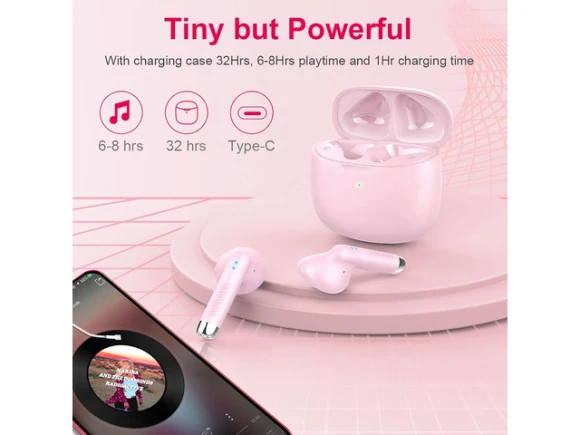 Wireless Bluetooth Earbuds, Pink, with Mini USB-C Charging Case — Wireless Earbuds, KEHIPI