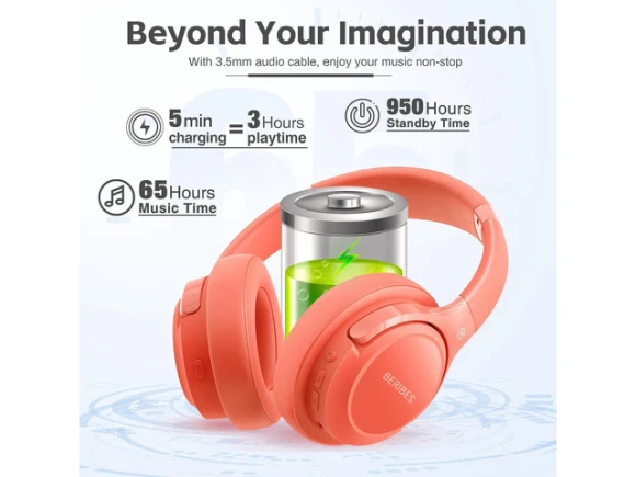 Over-ear Bluetooth headphones, Orange Red — Wireless Earbuds, BERIBES