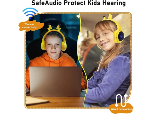 Over-Ear Bluetooth Headphones with Colorful LED Lights for Children — Wireless Earbuds, TUKO