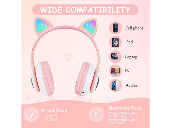 Wireless Bluetooth Headphones with Luminous Cat Ears — Wireless Earbuds, Gemdeck