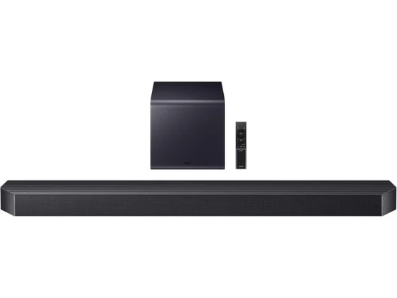 65-inch Neo QLED TV with soundbar and subwoofer — Smart TV, Samsung