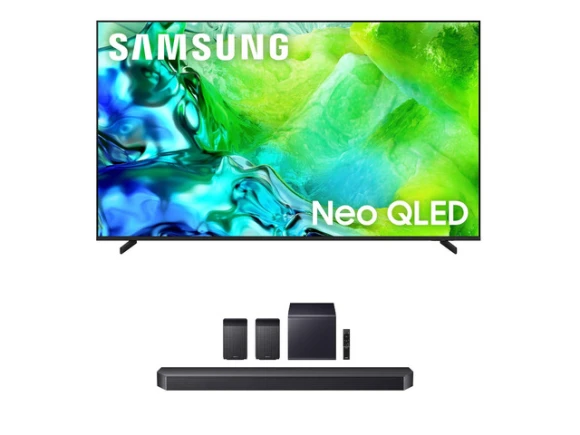 75-inch Neo QLED TV with HW-Q990F soundbar and subwoofer — Smart TV, Samsung