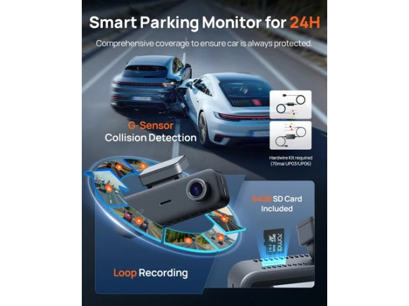 3-Channel Car Dash Camera with 64GB SD Card — Dash Cam, 70mai