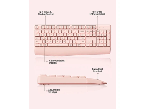 Full-Size Wireless Keyboard, Pink — Bluetooth Keyboard, SeenDa