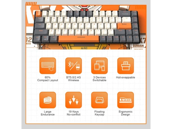 Wireless Mechanical Keyboard, 68-Key 60% Layout — Bluetooth Keyboard, MAGIC-REFINER