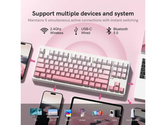 Wireless Mechanical Keyboard, Gradient Pink — Bluetooth Keyboard, TUKO