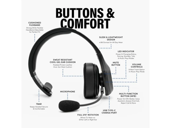 Wireless Trucker Bluetooth Headset with Microphone — Wireless Earbuds, Blue Tiger