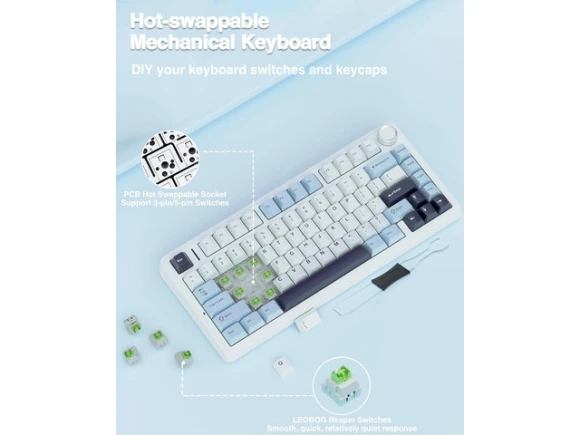 White & Blue Wireless Mechanical Keyboard — Bluetooth Keyboard, AULA