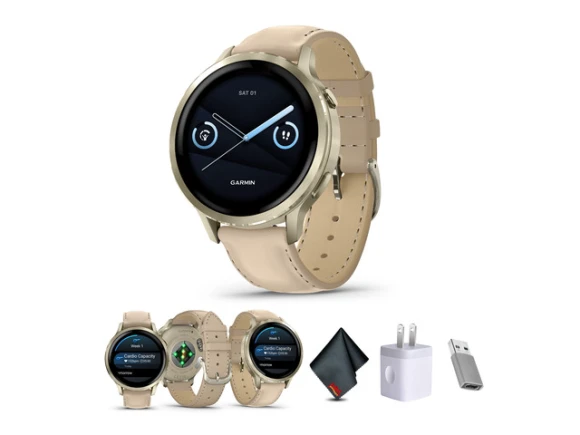 41mm GPS smartwatch in Lunar Gold with Light Sand Leather Band — Smart Watch, Garmin