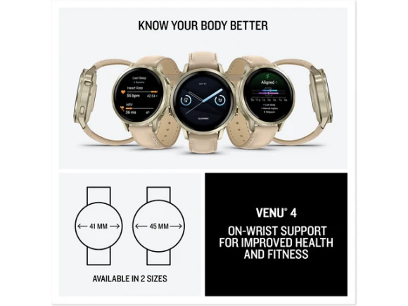41mm GPS smartwatch with Light Sand Leather Band — Smart Watch, Garmin