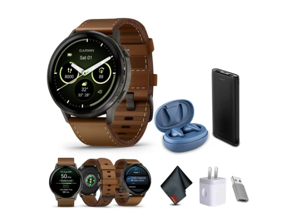 45 mm GPS smartwatch with brown leather band — Smart Watch, Garmin