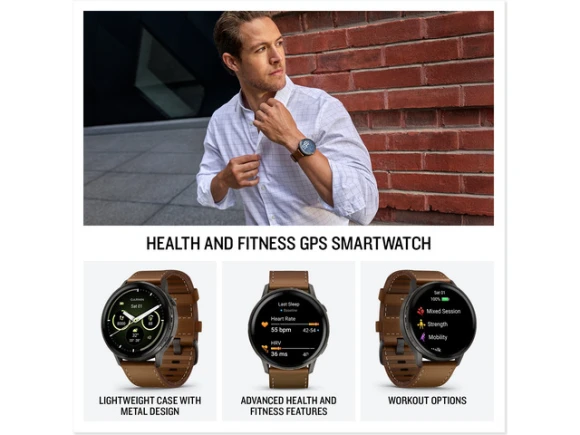 45 mm GPS smartwatch with brown leather band — Smart Watch, Garmin